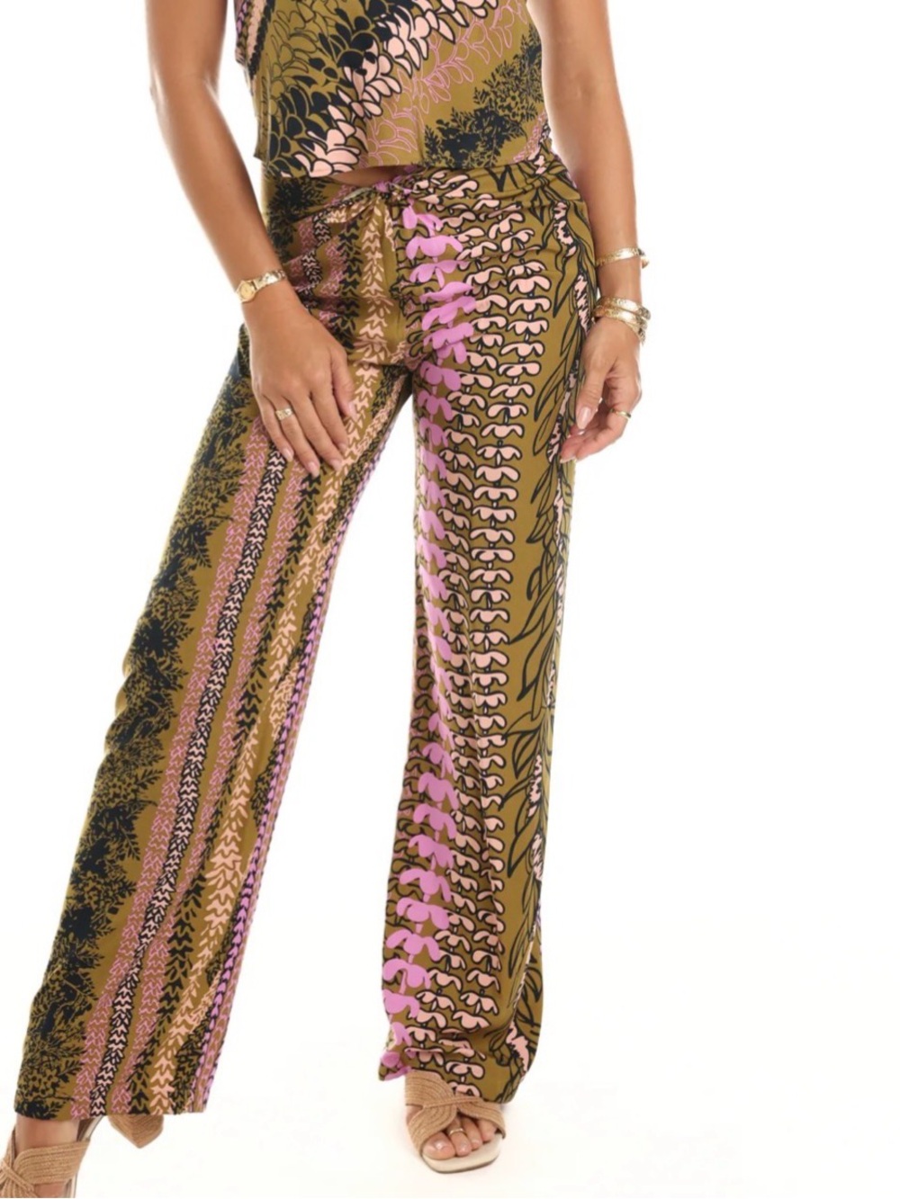 Manuhealii Olive and Pink Patterned Wide-Leg Pants